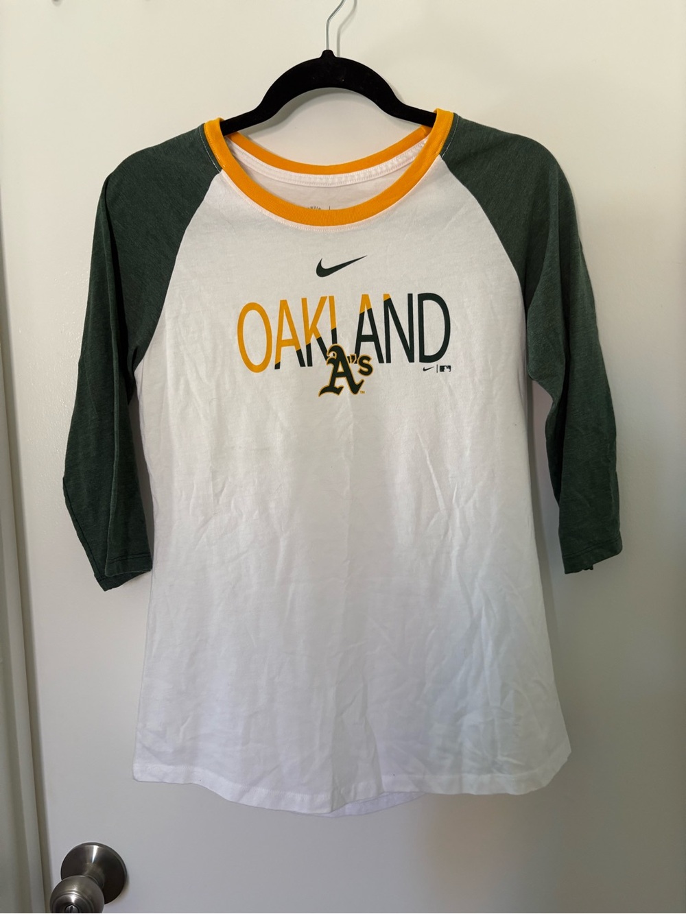 Nike A's Raglan Tee - White with Green & Gold
